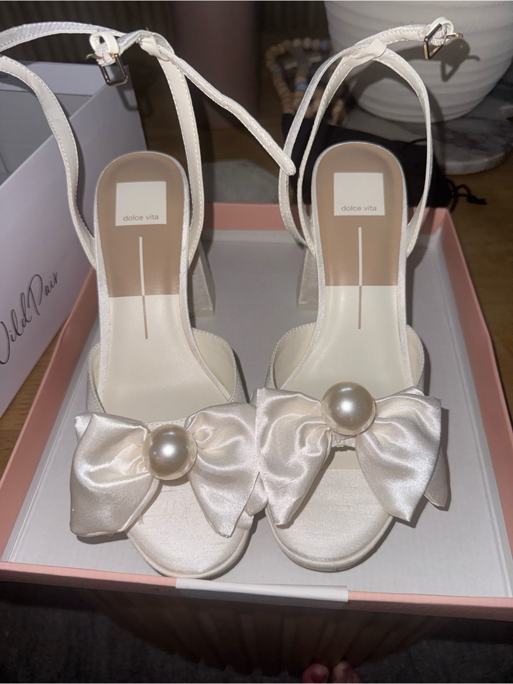 Dolce Vita Ivory Satin Bow Heels with Pearl Accent